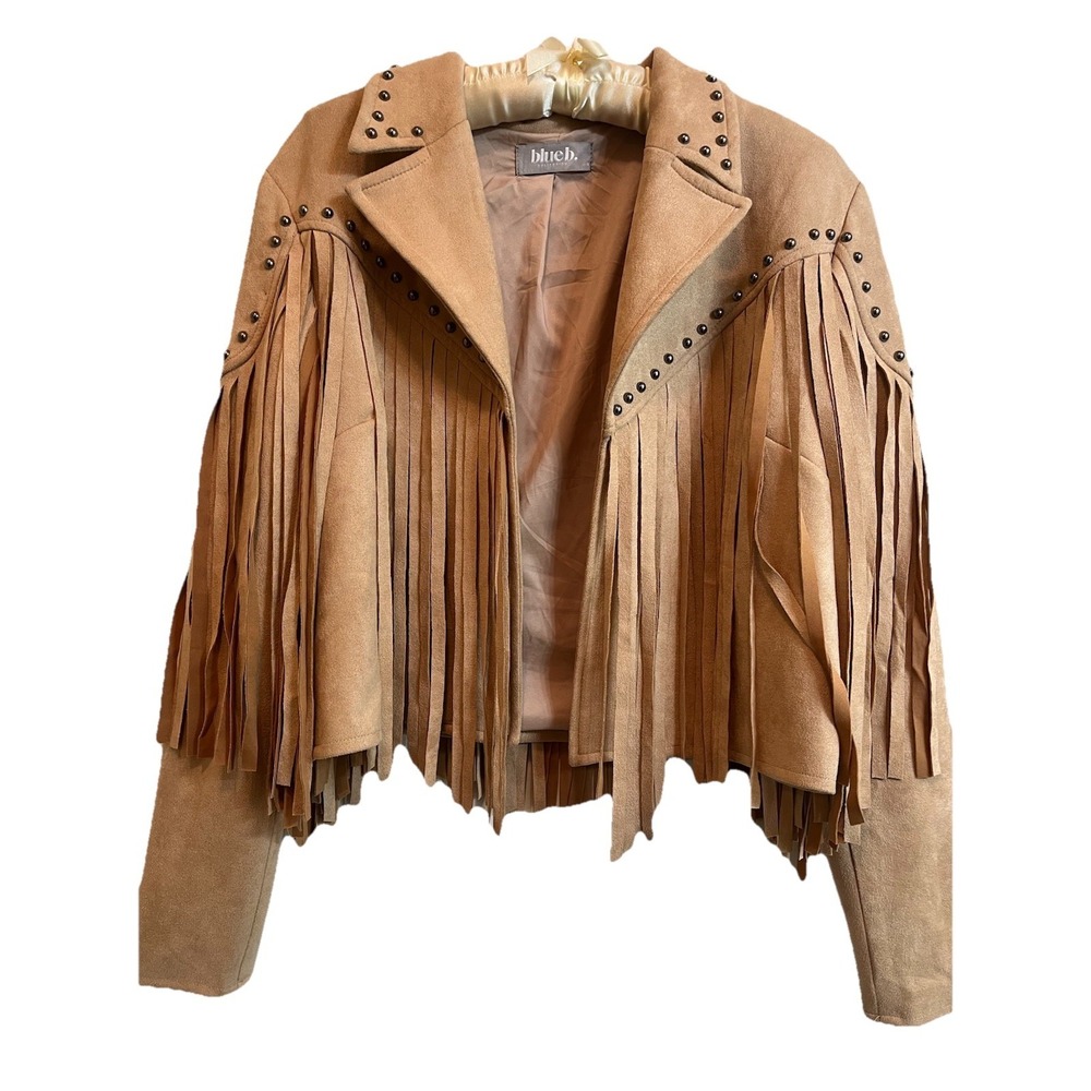 Blue B Faux Suede Fringe Jacket Beige Studs Cropped Long Sleeve Festival Boho